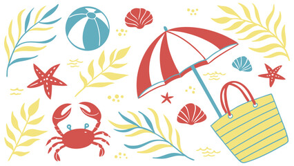 Summer Beach Vacation:  Flat Lay Illustration of Beach Bag, Umbrella, Starfish, Crab, and Seashells.