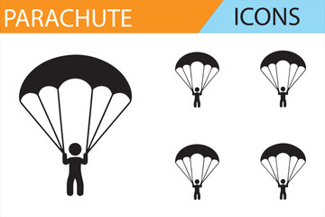 Parachute and Skydiving Icons Representing Extreme Sports and Outdoor Fun