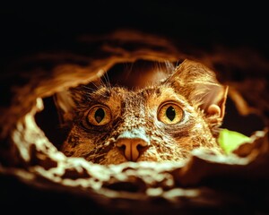 Curious cat peering through a hollow log.