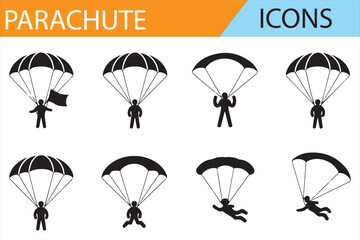 Flat Design Parachute Icons for Adventure Sports and Aerial Activities