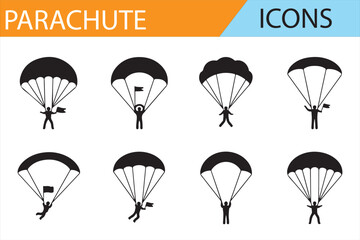 Set of Parachute Jump Icons Featuring Flag Holders and Aerial Stunts