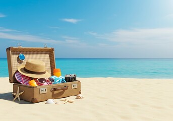 Open Vintage Suitcase Packed with Summer Essentials on the Beach. Generative Ai