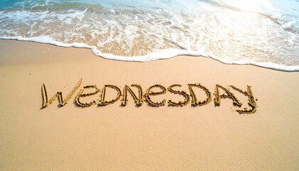 Fototapeta premium Wednesday Written in Tan Sand on Sunny Beach with White Waves