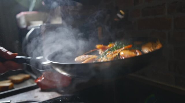 A pan of food is cooking on a stove, with steam rising from it. The steam is thick and white, and the food is orange - Powered by Adobe