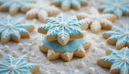 Winter snowflakes sugar cookies stacked on a white surface create a delightful holiday scene with a sweet, festive aesthetic