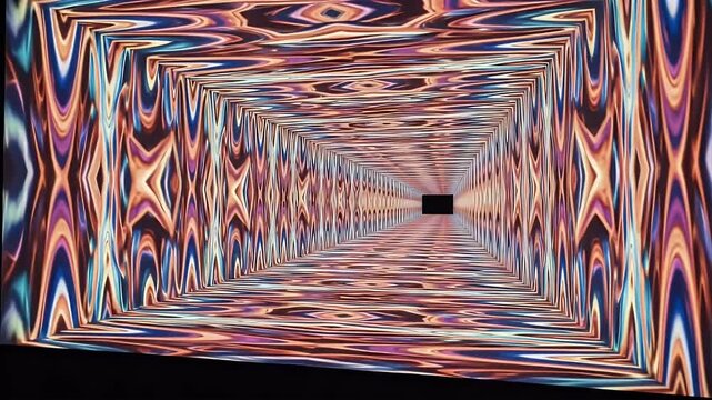 Abstract tunnel perspective with vibrant geometric patterns. Repeating orange blue and purple shapes create an illusion of depth. The background is black with an implied light source.