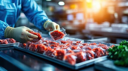 Worker in protective gloves handling fresh raw meat at a busy meat processing or butche facility with stainless steel surfaces and warm lighting
