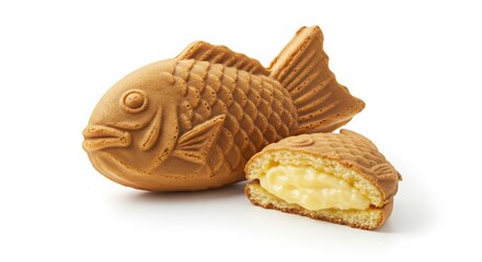 taiyaki fish-shaped cake filled with custard isolated on a white background for dessert and food photography