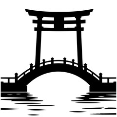 Japanese Bridge Silhouette, Black and White Vector Illustration