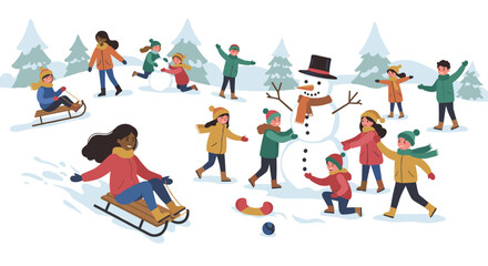Fototapeta premium Winter fun vector illustration: children building snowman in the snow for holiday card design, flat style