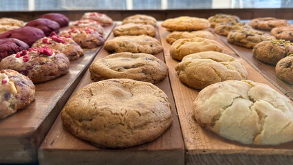 Round, freshly baked cookies with various ingredients, displayed on a rustic wooden surface. 