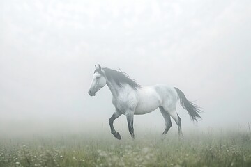 Obraz premium White Horse Galloping Through Misty Field