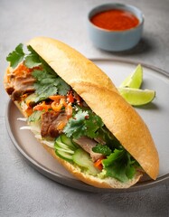 A delicious Vietnamese Banh Mi sandwich with crispy pork, fresh pickled vegetables, cilantro, and spicy sauce, served in a crunchy baguette, offering a perfect blend of flavors. AI