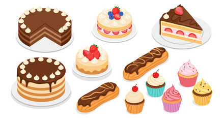 Delicious dessert vector illustration: cakes, cupcakes, and pastries for sweet tooth designs in flat style