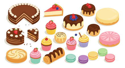 Delicious desserts vector illustration: sweets and pastries design for print in flat style