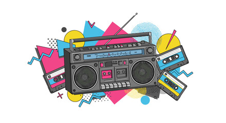 Retro boombox and cassette tapes 1980s vector illustration for music poster design, flat style