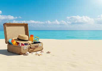 Open Vintage Suitcase Packed with Summer Essentials on the Beach. Generative Ai