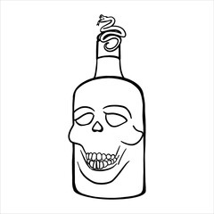 Bottle with drawing skull. A black and white line drawing bottle featuring a snake coiled around the cap. Hand-drawn vector illustration suitable for horror, Halloween, or gothic themes