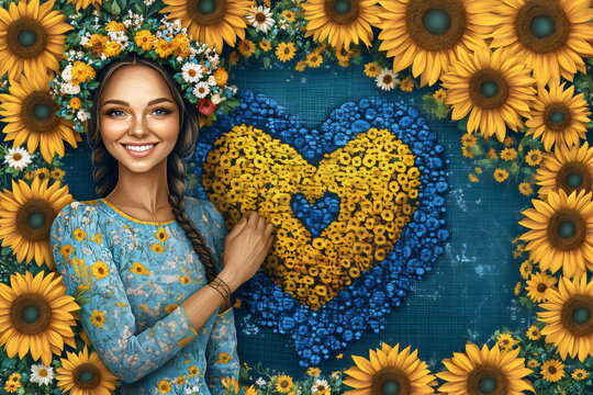 Celebrating Ukraine's Independence Day with vibrant flowers and a heart of yellow and blue - Powered by Adobe