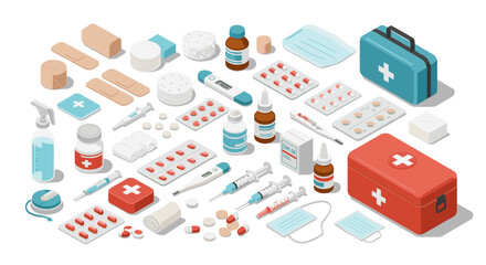 Medical supplies vector illustration for healthcare design in isometric style
