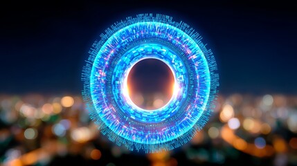 Dynamic cybersecurity interface visualization urban environment digital artwork futuristic concept nighttime perspective