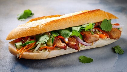 A delicious Vietnamese Banh Mi sandwich with crispy pork, fresh pickled vegetables, cilantro, and spicy sauce, served in a crunchy baguette, offering a perfect blend of flavors. AI