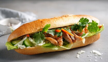 A delicious Vietnamese Banh Mi sandwich with crispy pork, fresh pickled vegetables, cilantro, and spicy sauce, served in a crunchy baguette, offering a perfect blend of flavors. AI