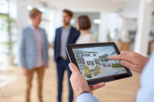 Real estate agent holding a tablet showing property listings, couple viewing and discussing options, clean indoor