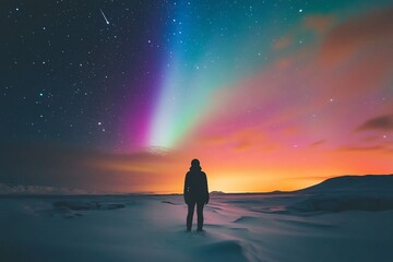 Obraz premium Solitary figure gazes at vibrant aurora borealis