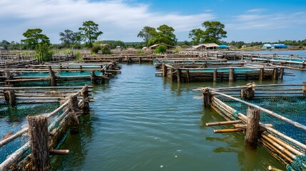 Obraz premium Crab farming ponds with nets and bamboo enclosures