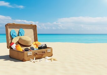 Open Vintage Suitcase Packed with Summer Essentials on the Beach. Generative Ai