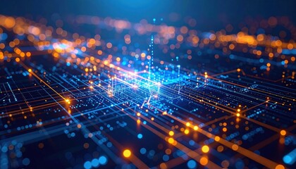 A futuristic digital cityscape with glowing network lines and nodes representing data flow and connectivity in a cyber environment.