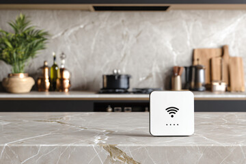 connected home hub displaying active wifi status on marble kitchen wall, luxury smart residence setting