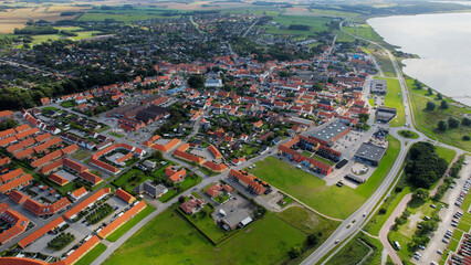 Arial view of the old town of the coast city Nibe in Denmark on a sunny spring day