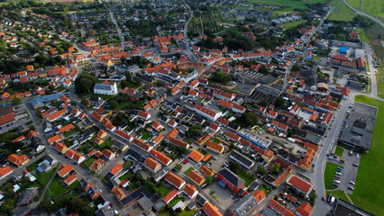 Arial view of the old town of the coast city Nibe in Denmark on a sunny spring day