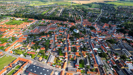 Arial view of the old town of the coast city Nibe in Denmark on a sunny spring day