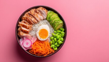 Chicken avocado bowl, pink background, healthy food