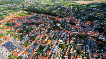 Arial view of the old town of the coast city Nibe in Denmark on a sunny spring day