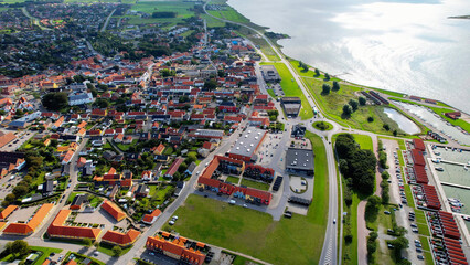 Arial view of the old town of the coast city Nibe in Denmark on a sunny spring day