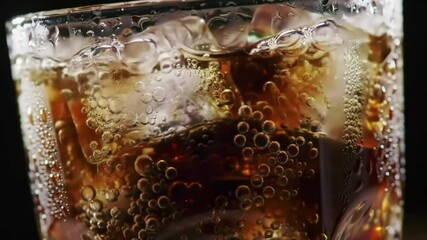 Refreshing drink. Bubbles cling to melting ice cubes inside a glass filled with dark liquid