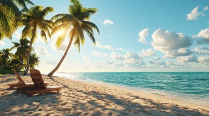 Scenic tropical beach with palm trees sun loungers sandy shoreline and clear blue ocean under bright sky