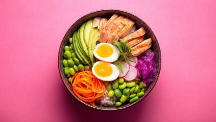 Chicken avocado rice bowl, pink background, healthy food