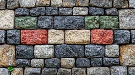 Textured stone wall, colorful blocks in middle section