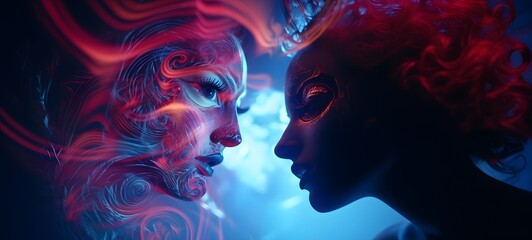 pop surreal unreal silhouettes spiral towards lady devil vs angel, ai generatif