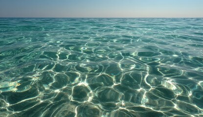 Calm turquoise sea, sunlight ripples, clear water, summer sky, beach background