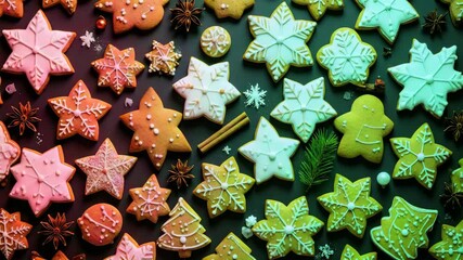 Overhead view of various christmas gingerbread cookies arranged on a dark background. - Powered by Adobe