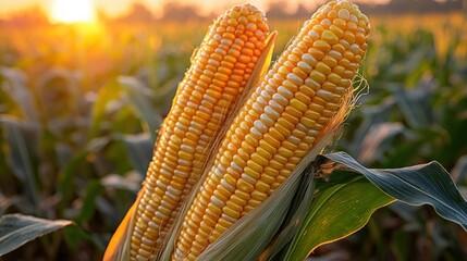 Two ears of corn glow in a field at sunset