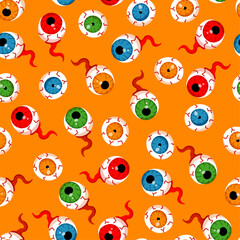 Halloween zombie eye seamless pattern. Vector monster crazy color eyeballs on orange background. Fun Halloween print, creepy texture for textile, wrapping paper, decoration, fabric.