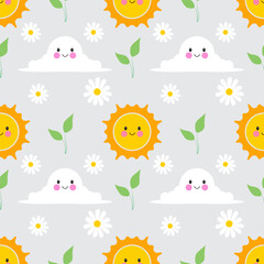 Cheerful Sun, Smiling Clouds, and Daisies A Happy Summer seamless pattern.