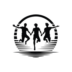 friends jumping vector silhouette clip art logo design illustration